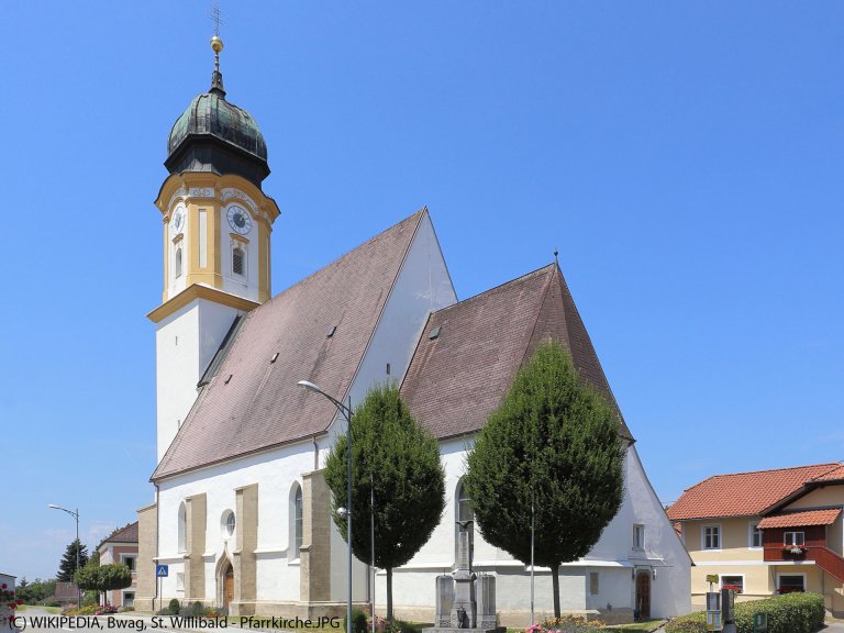 Grossansicht in neuem Fenster: Kirche St. Willibald, Jesenwang aus WIKIPEDIA, BWAG, St-Willibald-Pfarrkirche.jpg